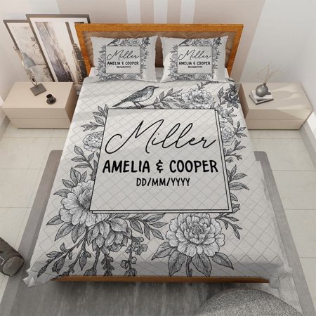 Custom Floral Quilt Bedding Set for Couples - Personalized Wedding & Anniversary Quilt Blanket & Pillowcases