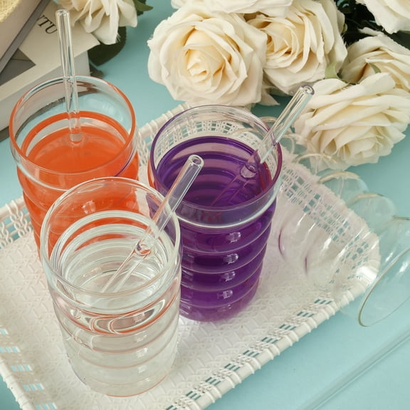 Sutowe 4Pcs Iced Coffee Glass 500ML Bubble Drinking Glass with Straw Wide Opening Drinking Glassware Elegant Ribbed Glassware Dishwasher Safe for Cocktail Soda Juice