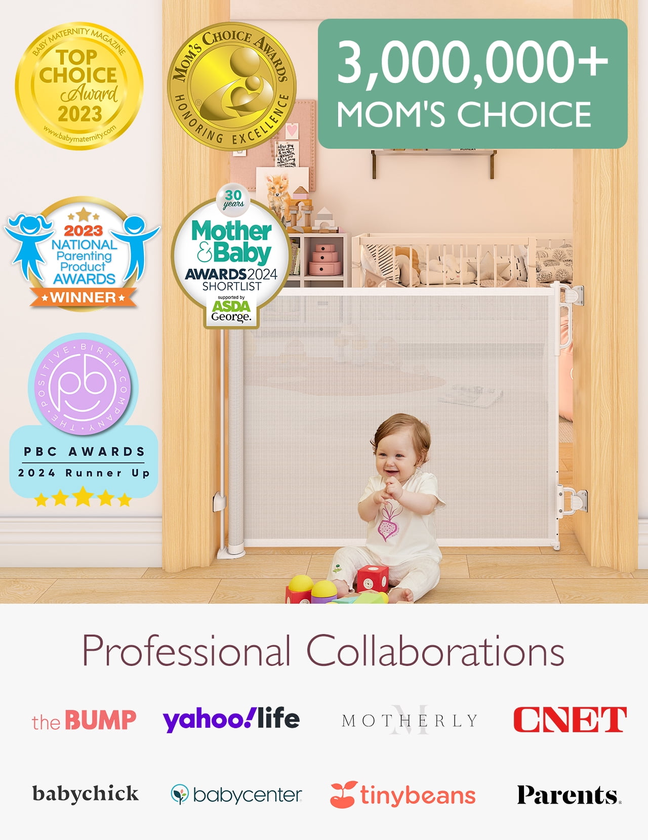 Momcozy Auto Lock Retractable Baby Gate, Stairs Safety Gate for Baby and Pet, 33" X 55", for Stairs, Doorways, Hallways