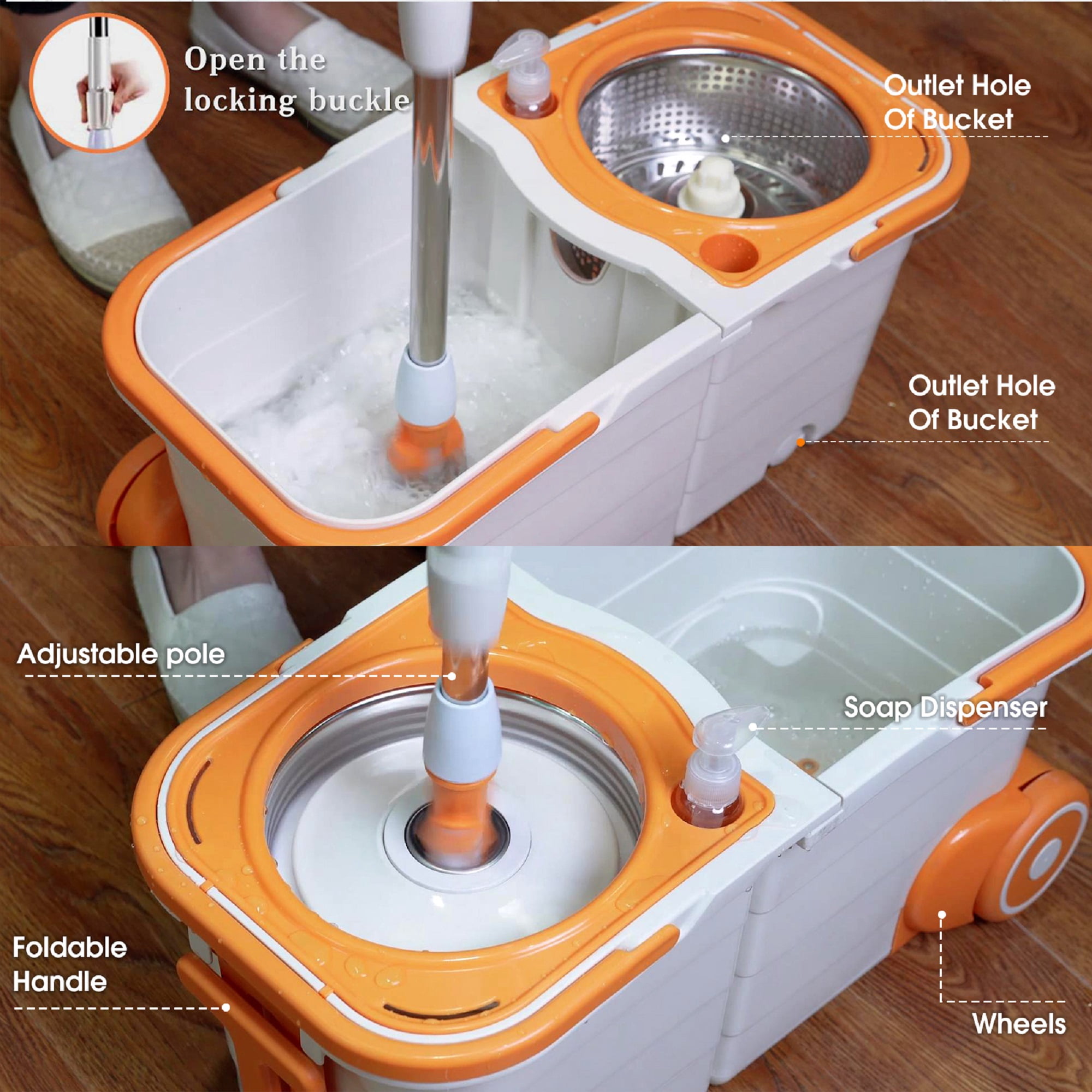 Mastertop Mop and Bucket Wringer Set for Floor,Spin Mop and Bucket System Set with 4 Microfiber Mop Pads