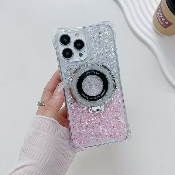 For iPhone 14 Pro Max Glitter Case, Compatible with MagSafe, 140°Invisible Kickstand & Magnetic Ring Holder, Military Grade Shockproof Bumper Translucent Back for i14 Pro Max Case,Silver Pink