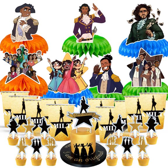 Hamilton Party Supplies Decor Cups Fans Decorations Honeycomb Centerpieces Cake Toppers
