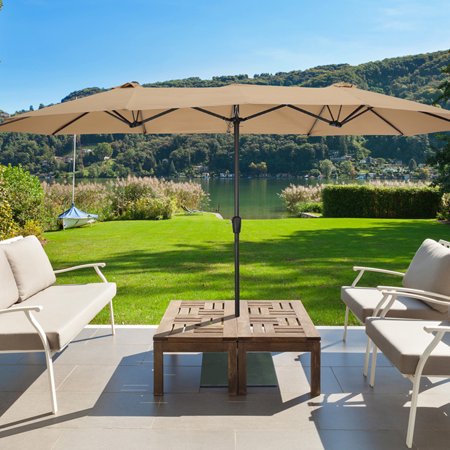 10 x 9 FT Large Double-Sided Rectangular Patio Umbrella  Outdoor Twin Patio Market Table Waterproof Umbrellas Sunshade with Crank and 12 Ribs Hanging Umbrella for Garden Deck Backyard Pool  Taupe