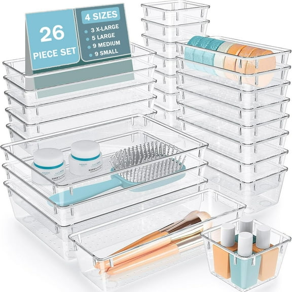 26 PCS Drawer Organizer Bins, 4 Size Clear Plastic Stackable Vanity Drawer Organizer and Storage, Non-Slip Storage Bins for Makeup, Kitchen, Bathroom