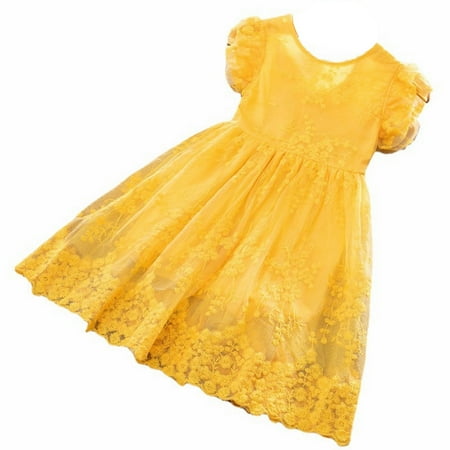 

GWAABD Girls Party Dress Yellow Polyester Girls Lace Lace Dress Summer Princess Dress Children s Bow Embroidery Fly Sleeve Yellow and White Dress 110