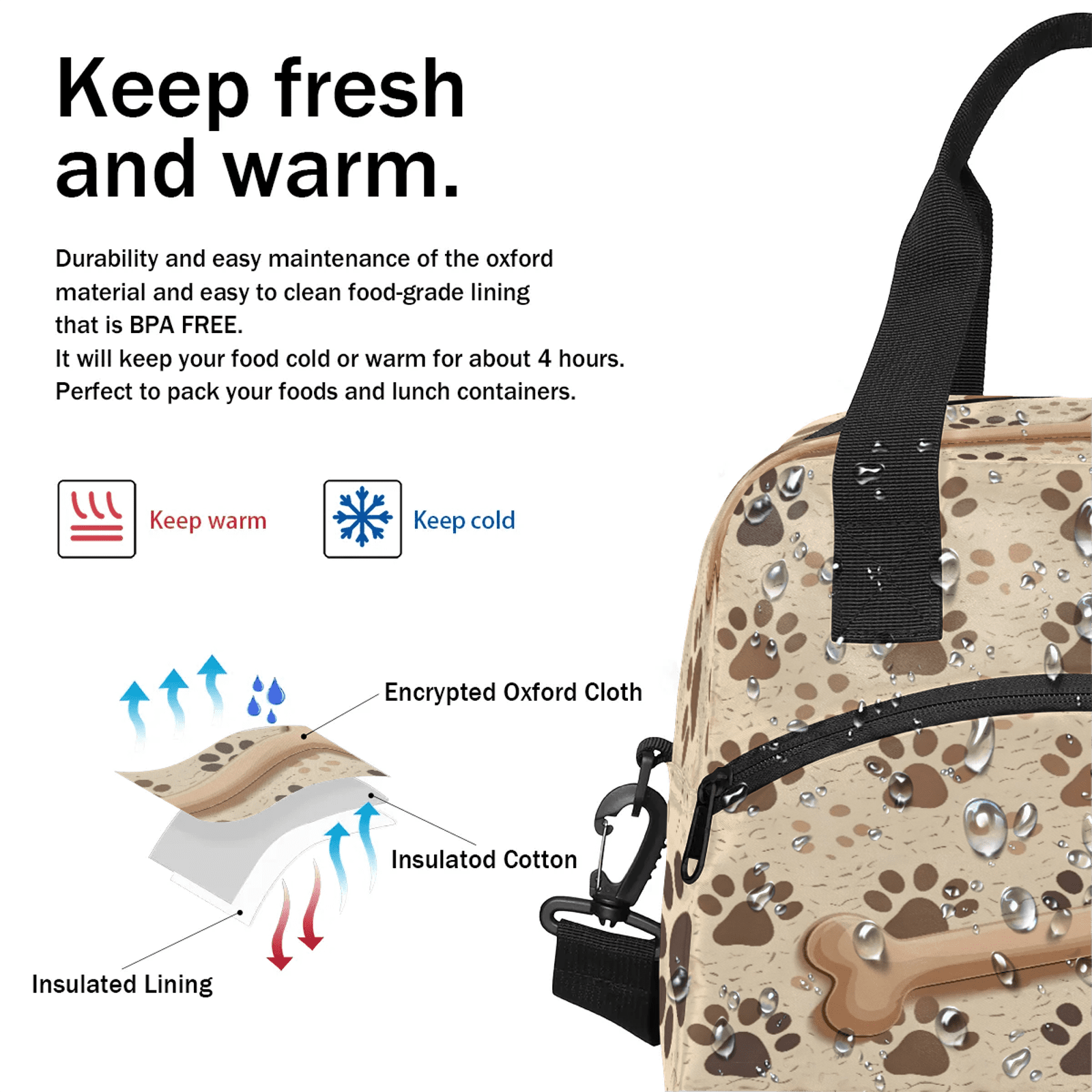 Herdesigns Dog Bones Paw Insulated Lunch Bag for Women Men Adult, Reusable Insulated Cooler Lunch Box Lunch Tote Bag for Work Picnic Beach