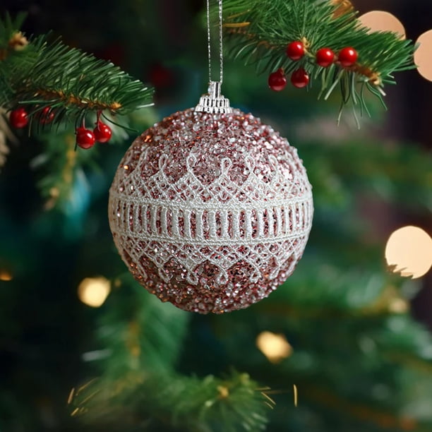 Puntoco Bola de espuma navideña de 8 cm, pegatina de red, bola de polvo dorado con encaje, colgante para árbol de Navidad, bola decorativa