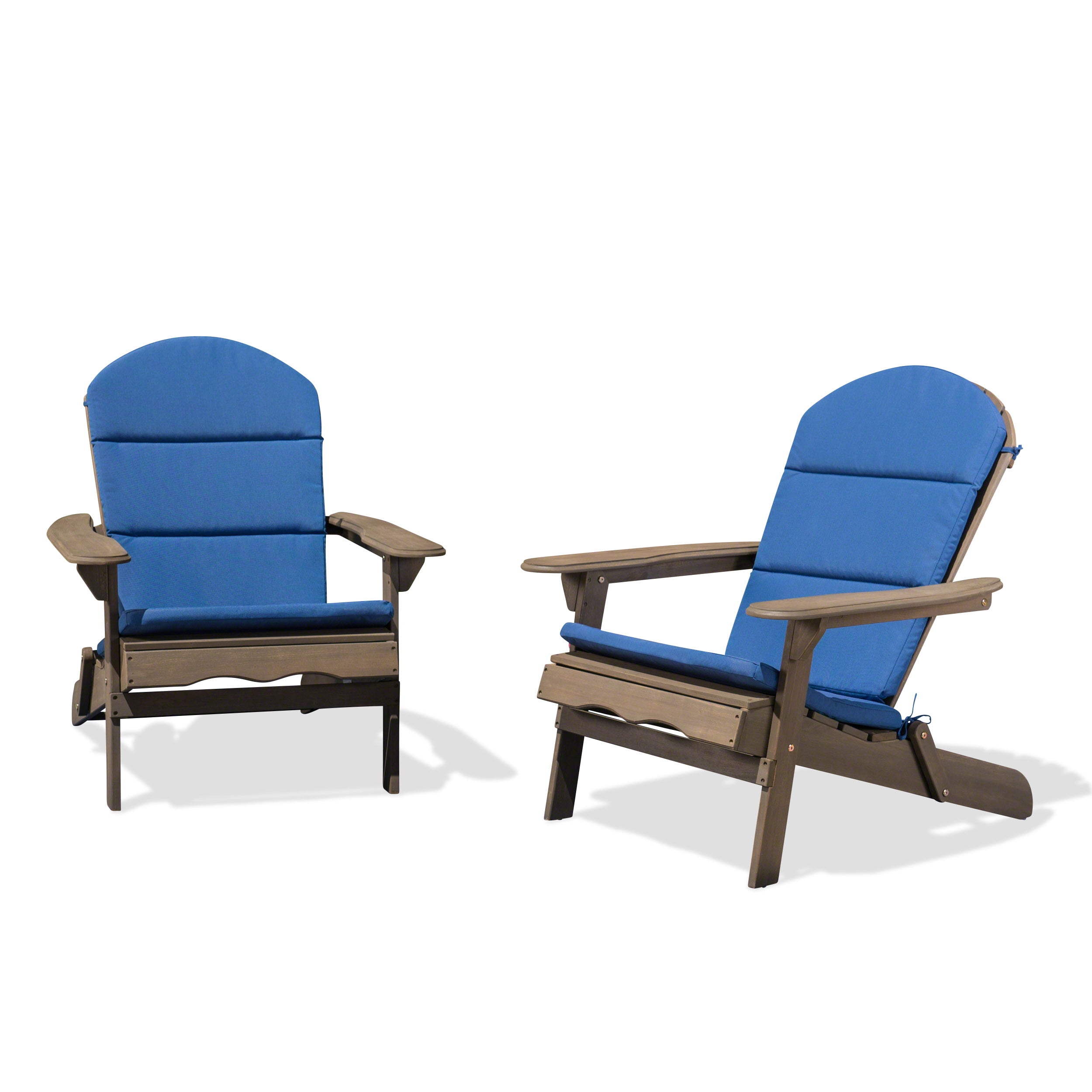 Ariel Outdoor Acacia Wood Folding Adirondack Chairs with Cushions (Set of 2), Gray and Navy Blue