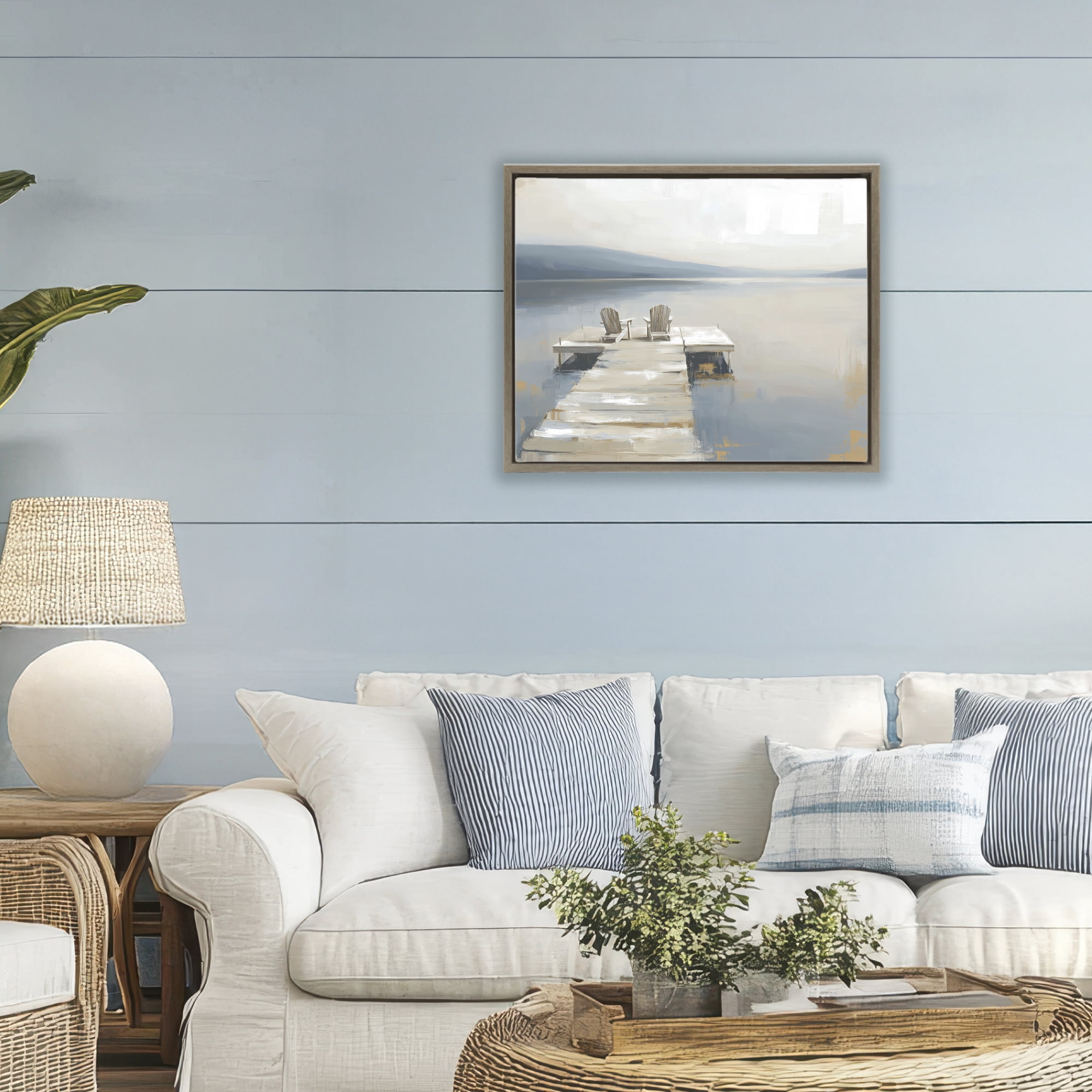 Stupell Industries Adirondack Chairs on Pier Brown Framed Floater Canvas Wall Art, design by Kim Curinga