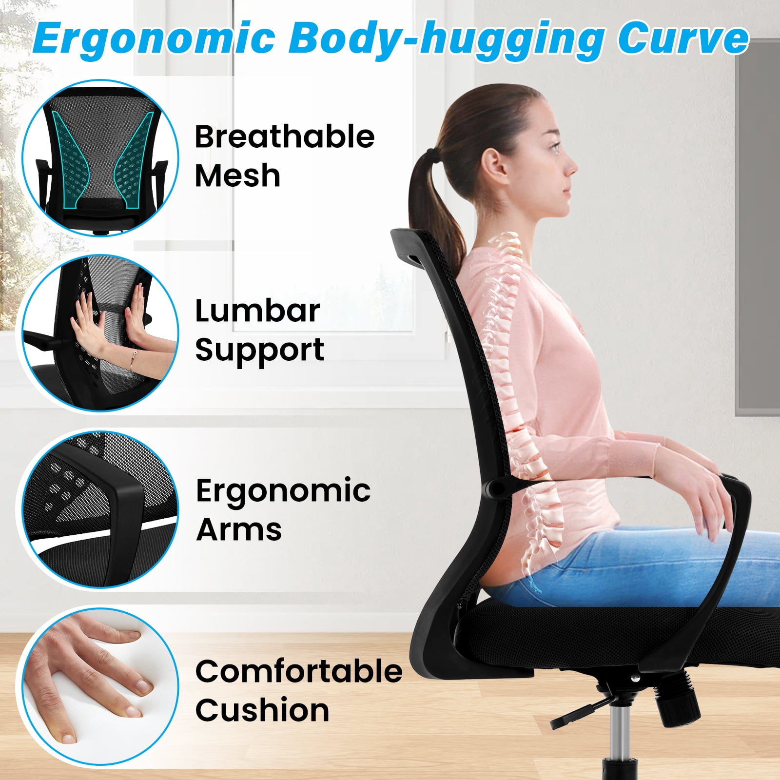Dkelincs Office Desk Chair Adjustable Mesh Mid Back Office Chair Ergonomic Computer Chair with Lumbar Support & Wheels, Black