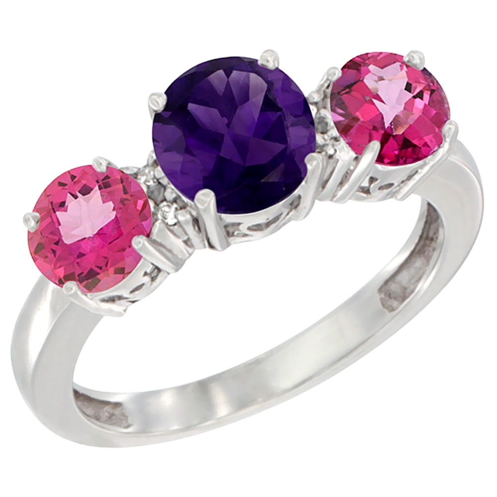 10K White Gold Round 3-Stone Natural Amethyst Ring & Pink Topaz Sides Diamond Accent, sizes 5 10 by WorldJewels