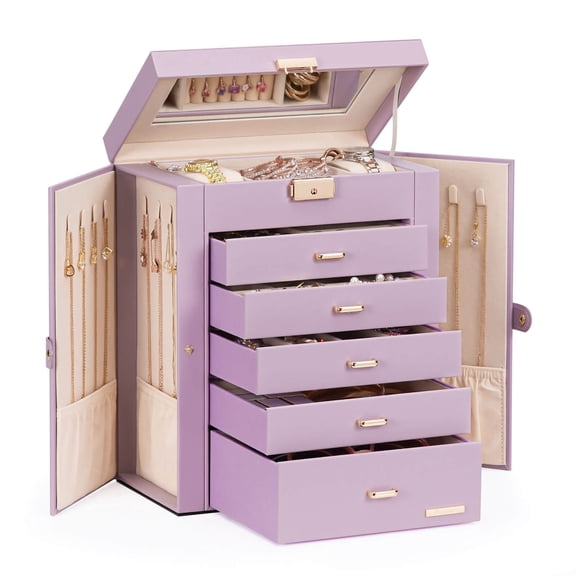 Enogets Large Jewelry Box for Women, 6-Layer Jewelry Organizer with 5 Drawers, Lockable Storage Case with Mirror & Necklace Hooks, Dusty Purple