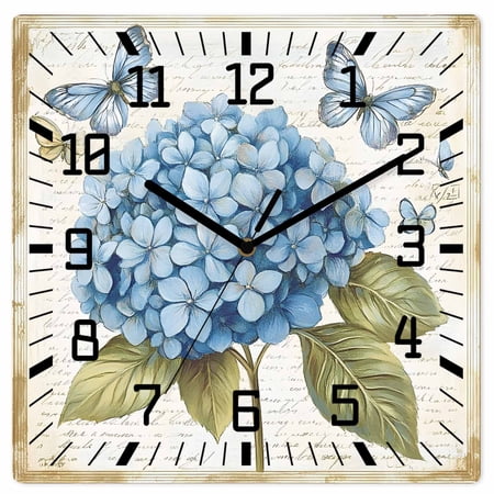 Blue Hydrangea Wooden Wall Clock Silent Non Ticking, Spring Vintage Botanical Butterfly Square Wall Clocks Battery Operated, Decor Clock for Home Office, Living Room, Kitchen, 12 Inch