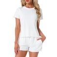 thumbnail image 1 of Conjunto de pijama para mujer INSPIRE CHIC de 2 piezas con camiseta de manga corta y pantalones cortos con volantes, incluye bolsillo, talla XS, color blanco, 1 of 6