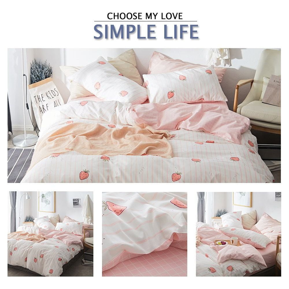 HANDONTIME Twin Duvet Cover Set Pure Cotton Cute Pink Strawberry Sheets  Japanese Style Bedding Set 3 Pieces with Zipper Closure & Corner Ties, 1  Kawaii Pink Duv…