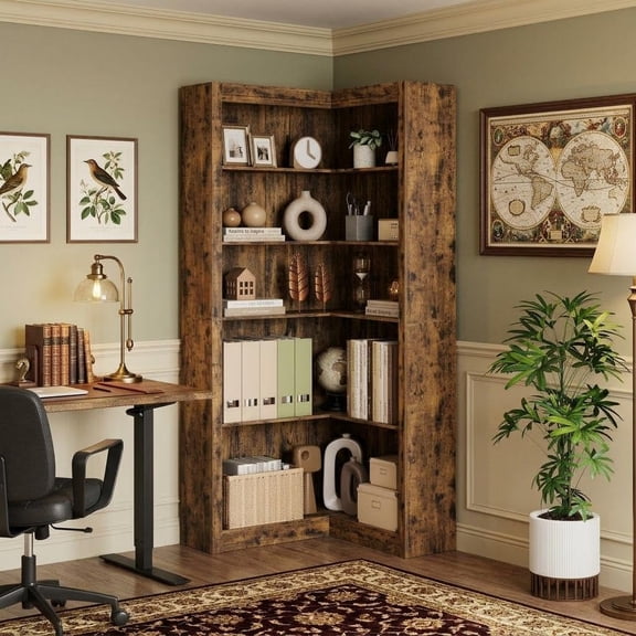 71.8" L-Shaped Corner Bookshelf, 5 Tier Corner Bookcase with Anti-Tip Kit, Tall Storage Display Shelf for Living Room, Home Office, Brown