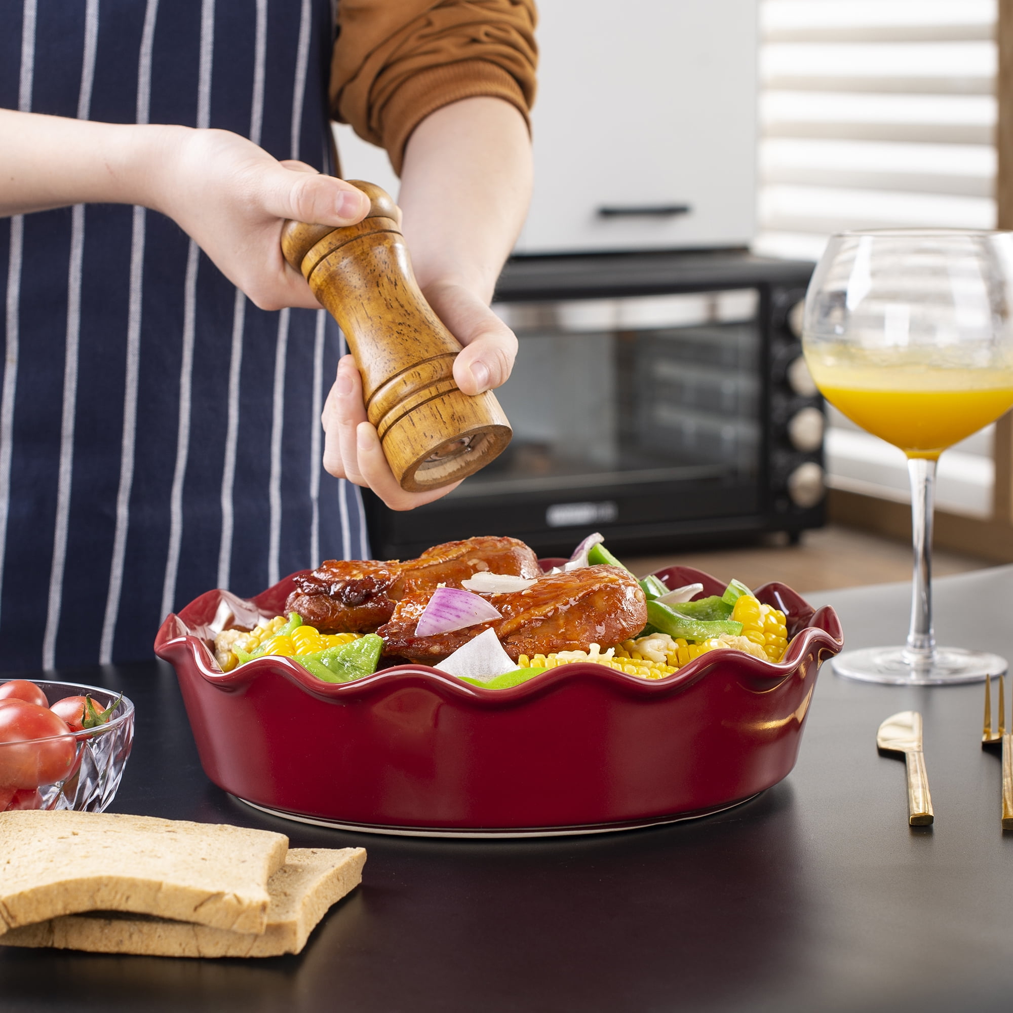 vancasso Pie Dish Large, Ceramic Oven Dish Deep Pie Pan Pie Plate for Baking, Non-Stick Fluted Flan Dish, 3 Pint Quiche Pan Tart Pie Tin. Big Capacity, Red