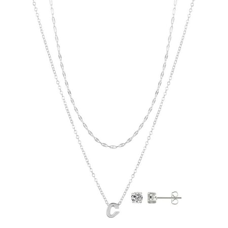 Believe by Brilliance Women's Initial C Slider Layered Necklace and Stud Set, 16+2"/18+2"