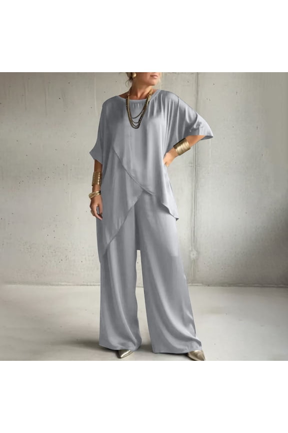 Satin Outfits for Women 2 Piece Asymmetric Hem Tunic Top & Wide Leg Pants Sets Silk Feel Dressy Evening Party Wear Elegant Flowy