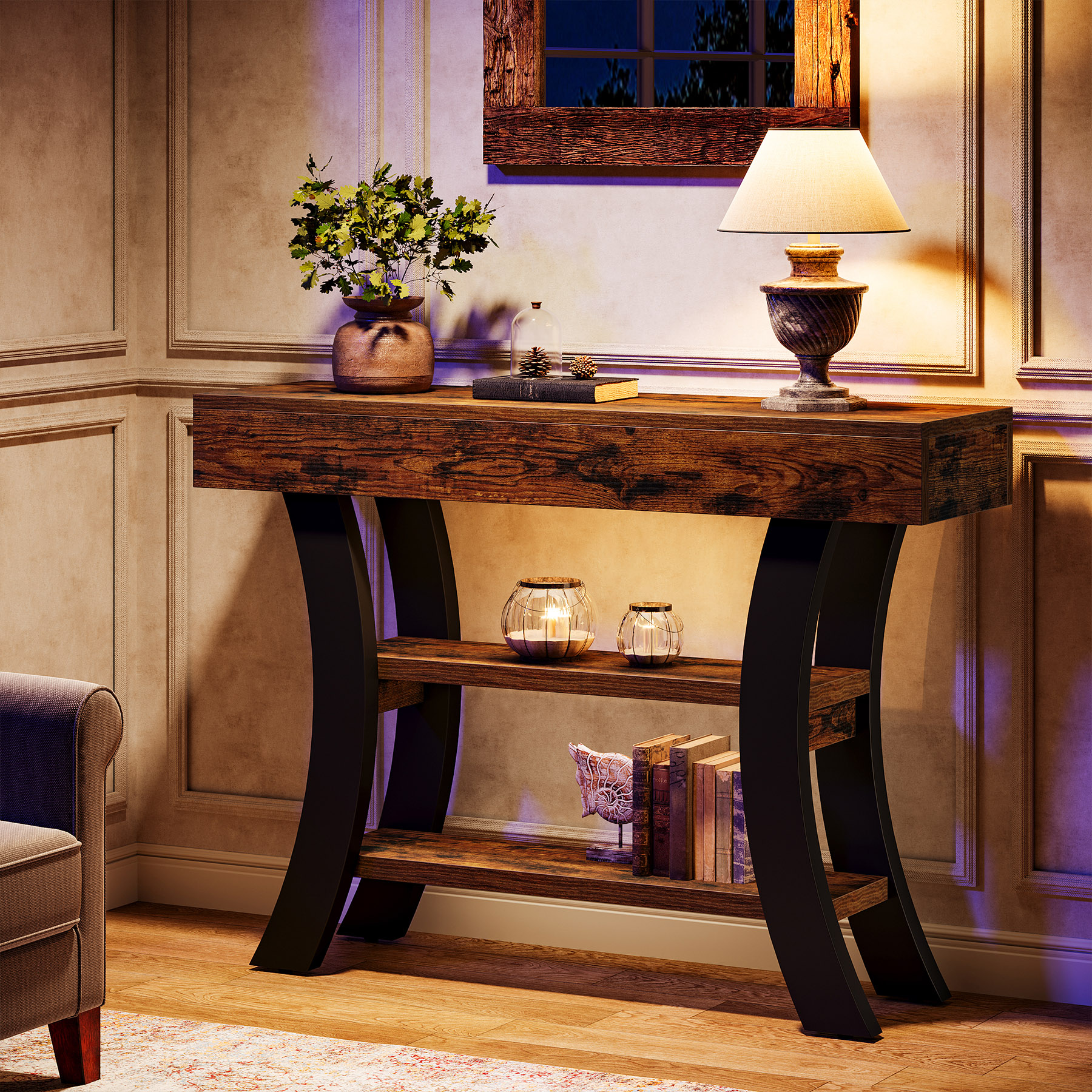 Tribesigns 41" Small Entryway Console Sofa Table with Storage Shelves for Living Room, Hallway, Foyer, Rustic Brown