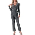 thumbnail image 2 of INSPIRE CHIC Sequin Jumpsuits for Women Deep Long Sleeve V Neck Belt Party Clubwear Sparkly Jumpsuit L Black Silver, 2 of 6