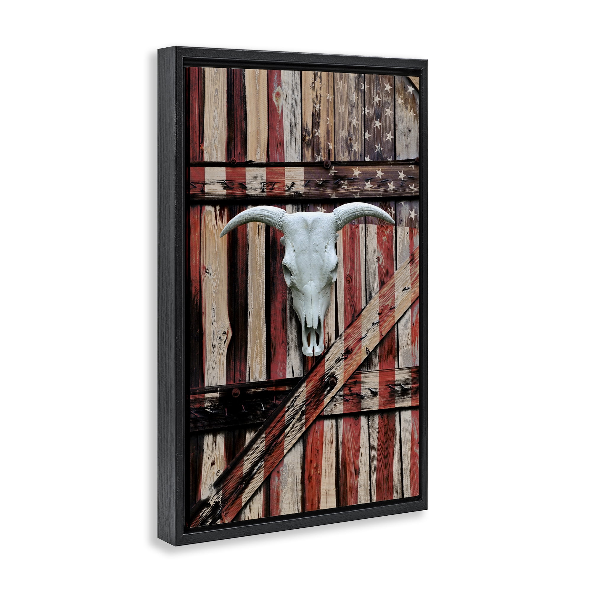 Stupell Industries Patriotic Cow Skull Transportation Painting Black Floater Framed Art Print Wall Art, 17 x 25