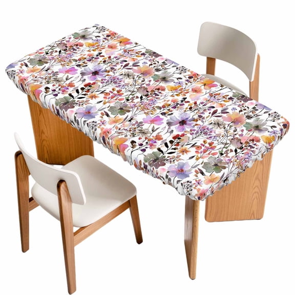 Watercolor Floral Table Cloths for 5 Foot Rectangle Tables, Spring Flowers Plants Modern Rustic Patio Waterproof Elastic Fitted Tablecloths, Washable Rectangular Table Cover for Camping