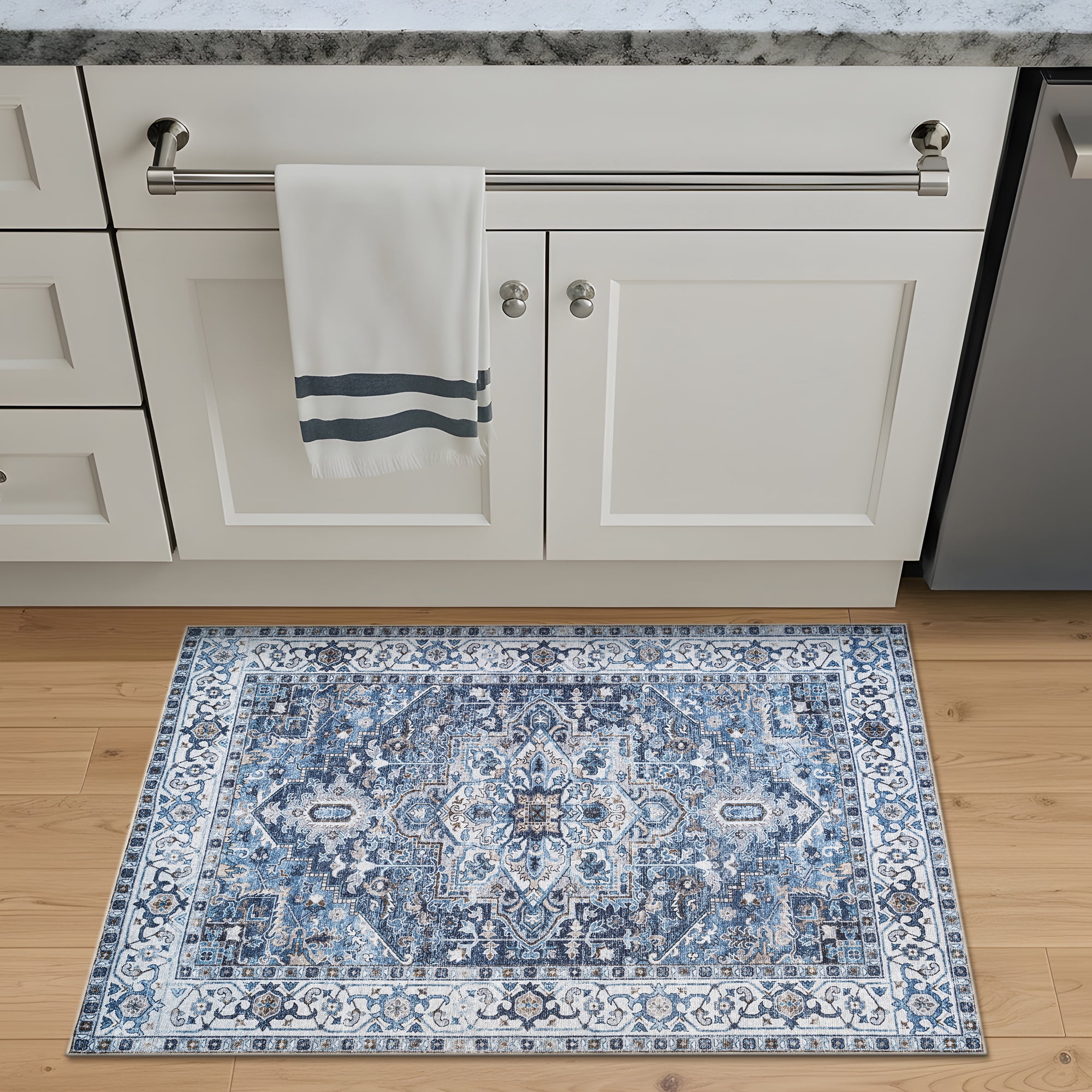 Bloom Rugs Washable Non-Slip 2x3 Rug - Blue Traditional Oriental Area Rug for Living Room, Bedroom, Dining Room, and Kitchen - Exact size: 2' x 3'