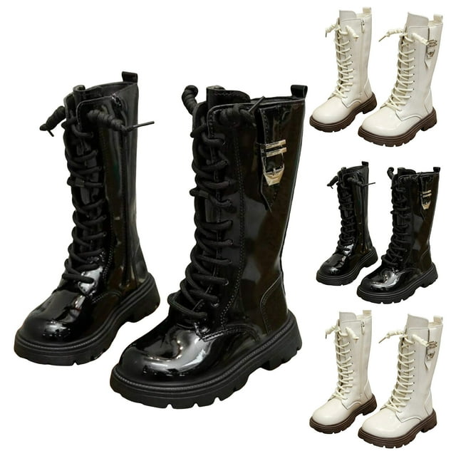 Dakaela 3-12Y Girls Boots Fashion Lace up Combat Knee High Boot Leather Waterproof Long Motorcycle Riding Winter Booties Beige