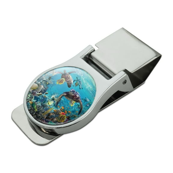 Ocean Coral Reef Sea Turtles Diving Satin Chrome Plated Metal Money Clip