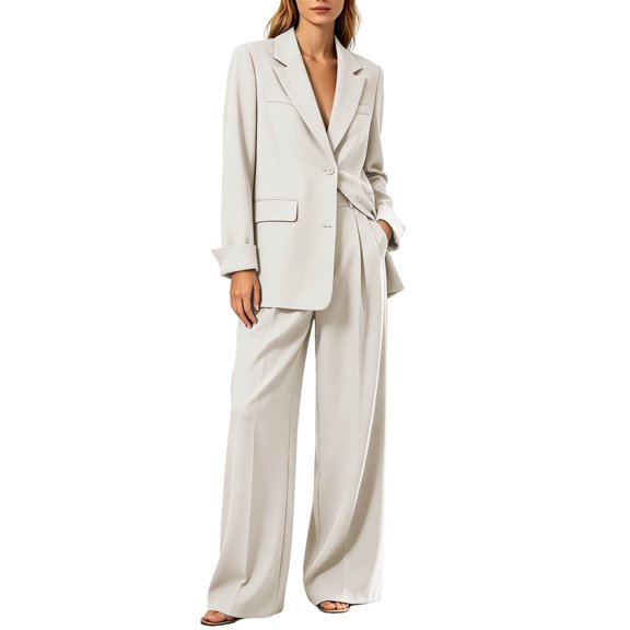 LYEAA Women Business Suit Sets 2 Piece Oversized Matching Set Long Sleeve Blazer Wide Leg Pant Formal Office Outfits