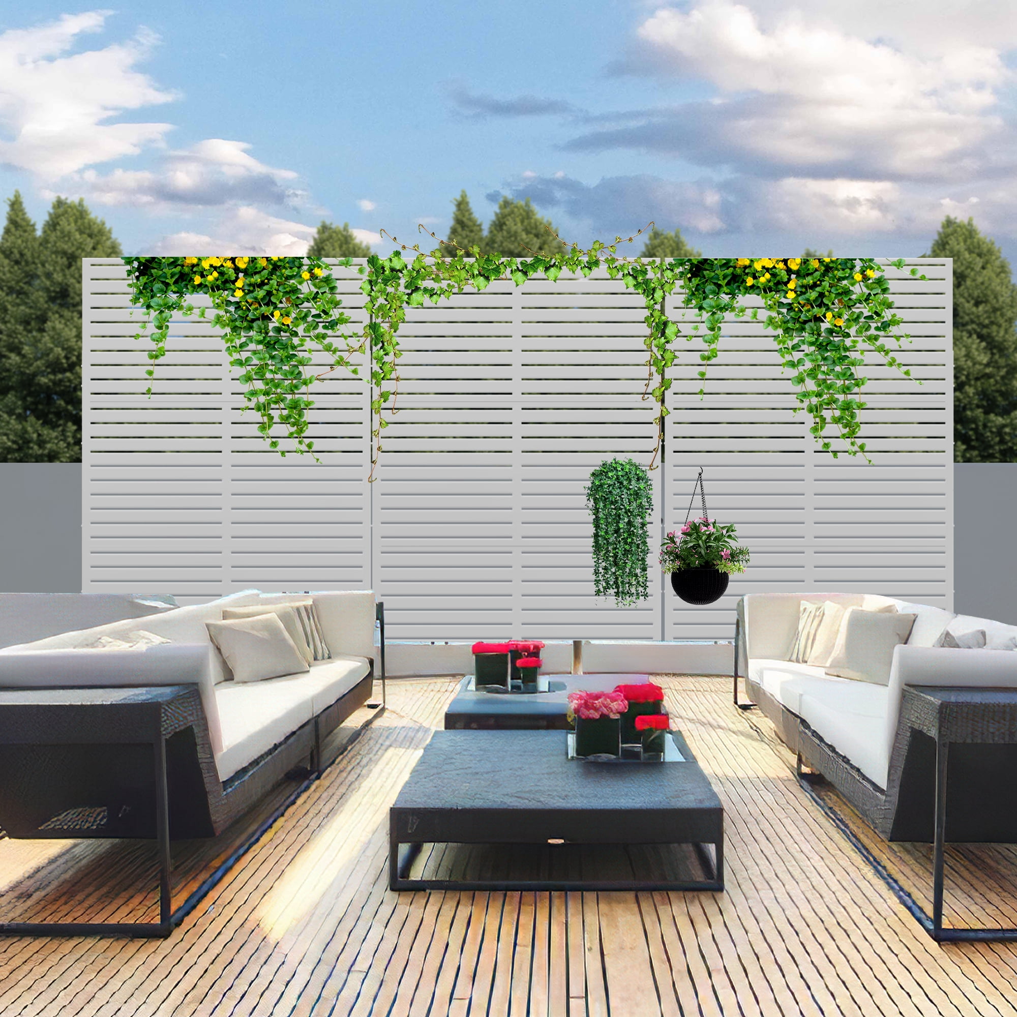 MAYEERTY 72×47" Outdoor White Metal Privacy Panel Screen for Backyard & Garden, Louvered Pattern