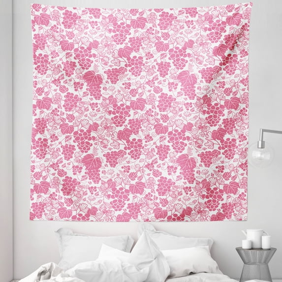 Vines Tapestry, Monotone Grapes Leaves Wine Theme Blush Tones Rhythmic Abstract Pattern, Fabric Wall Hanging Decor for Bedroom Living Room Dorm, 5 Sizes, Pastel Pink and White, by Ambesonne