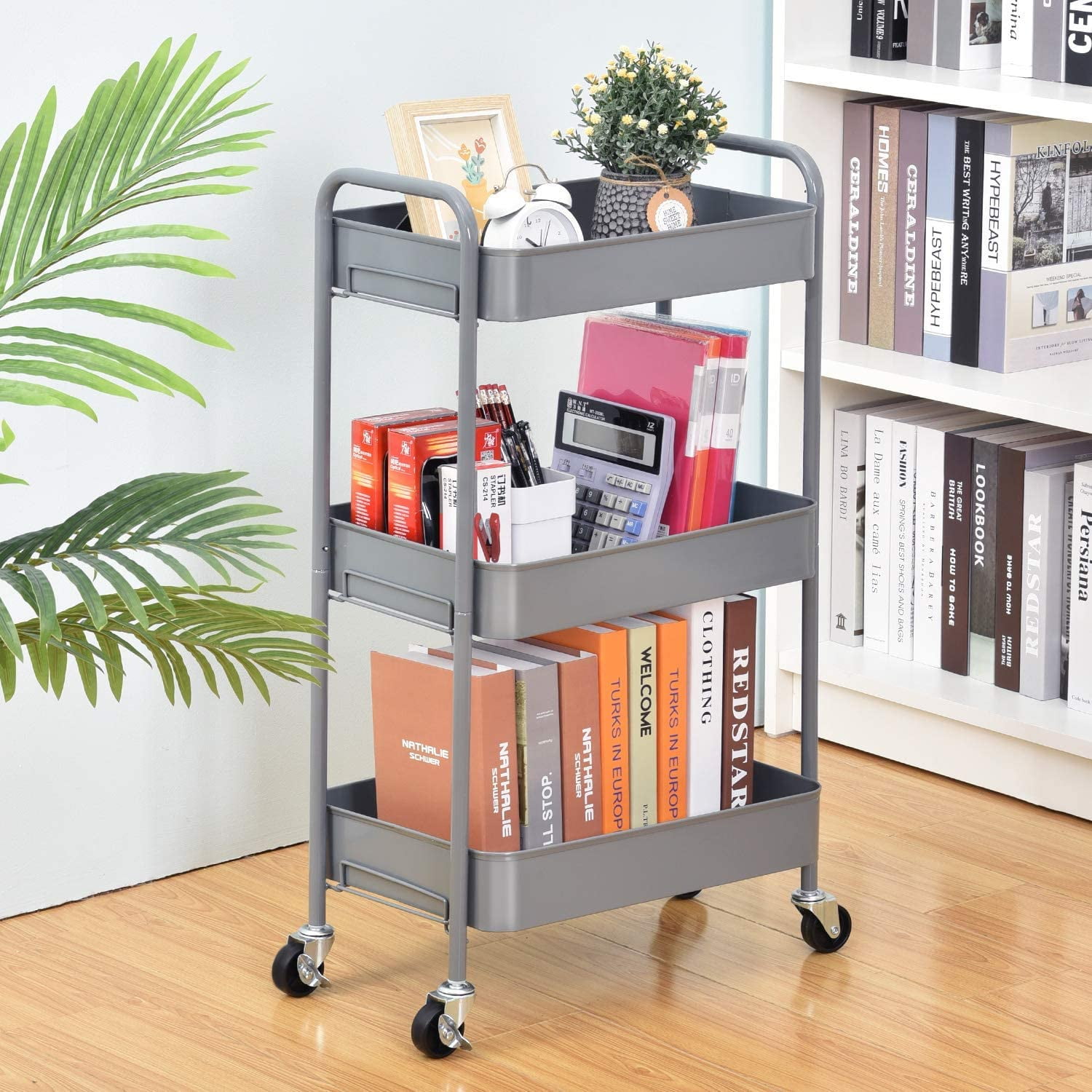 KK KINGRACK 3-Tier Rolling Cart, Metal Utility Cart with Wheels ,Office School Organizer, Grey