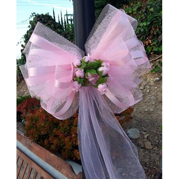 Pink Assembled Pew Bows with Rosebuds & Tulle Tails - 10" Wide, Set of 6, Wedding Decor