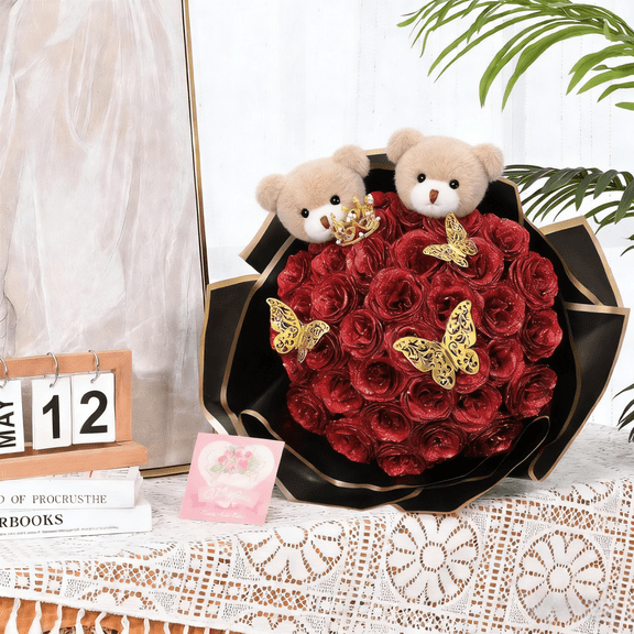 Natonhi 24 Glitter Valentine's Day Roses Bouquet Graduation Gifts Artificial Roses Flowers with Stems DIY Fake Glitter Flowers Bouquet for Anniversary Graduation Birthday Wedding(Red)