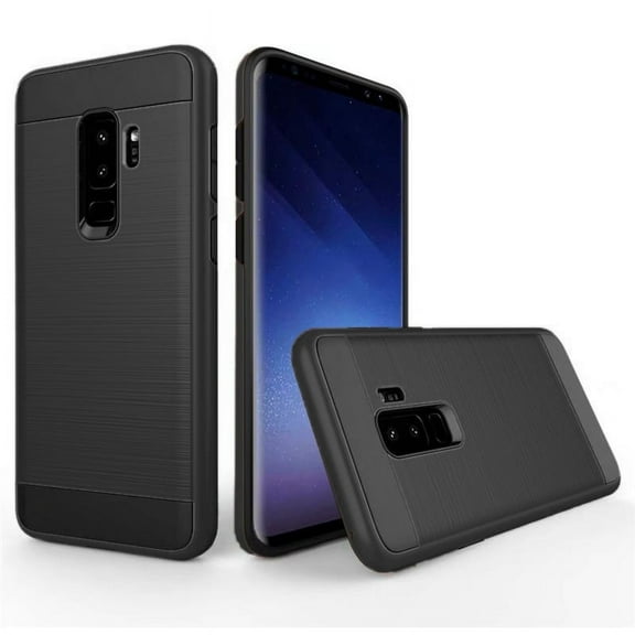 For Samsung Galaxy S9 Plus [Luxury Brushed] Shockproof Slim Design Armor Defender Dual Layer Hybrid Rugged PC Plastic Impact Resistant Phone Cover Black