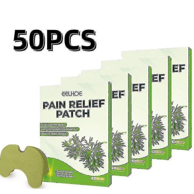 50pcs knee patch wormwood knee sticker plaster extract analgesic cartilage pain relieving patch self-heating herbal caja de 50 sobres verdes en vista 3/4 con ilustración de planta y un parche recortado en primer plano; según especificaciones contiene artemisia, jengibre y acónito y diseño anatómico para rodilla.