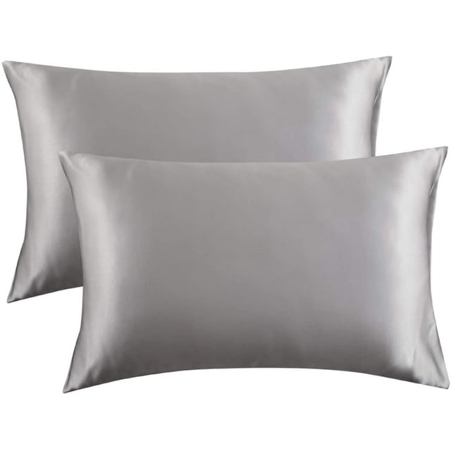 Funda de almohada Funda de almohada Funda de almohada de satén Funda de almohada de seda sintética Funda de almohada de color puro Funda de almohada de cama, 2 piezas (51 * 76 cm) Gris plateado Rojo Verde