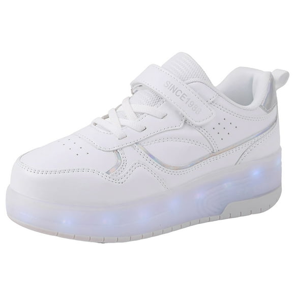 TSADFHJI Girls Sneakers Size 12 Toddler Girl Sneakers Size 7.5 Children Shoes Thick Soled Sneakers with Wheels Fashionable Light Shoes Usb Rechargeable Skate Sneakers 30 White