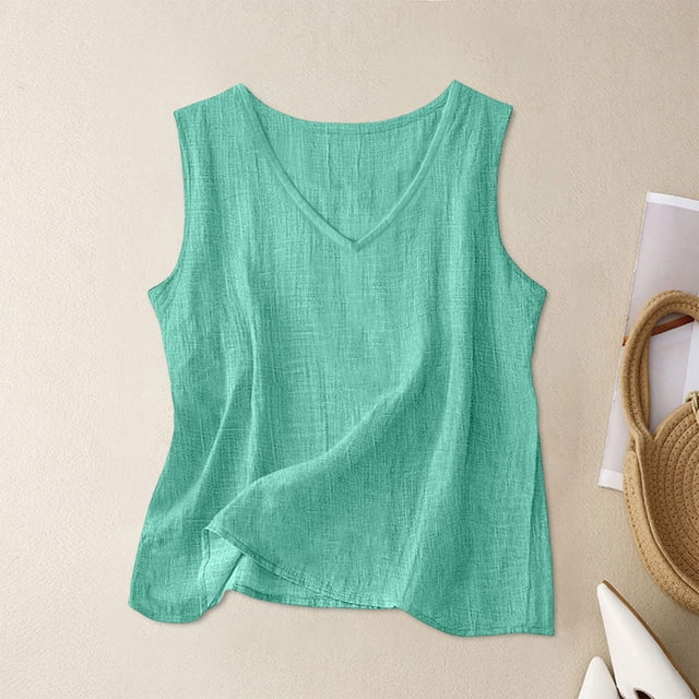 Craaazy Débardeur Femme Uni Effet Lin Col Rond Sans Manches Fente Latérale Blouse Décontractée pour l'Été Cadeaux