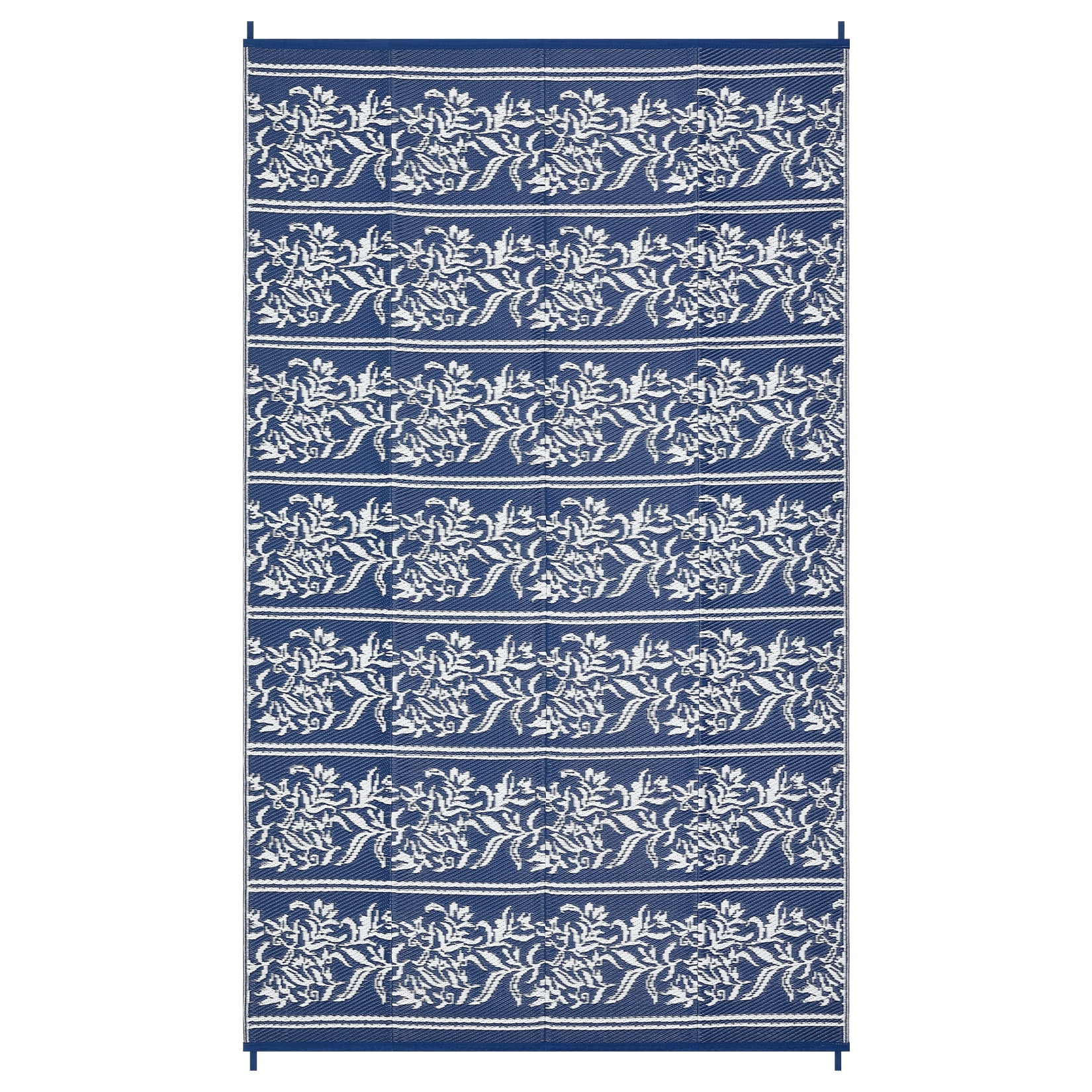 Nanan Outdoor Rug 8'x10' Waterproof Reversible Outdoor Patio Rug Plastic Straw Floral Mat for Camping Balcony Backyard RV Picnic, Dark Blue White