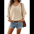 thumbnail image 3 of Camisas Holgadas de Punto Gofre con Cuello en V para Mujer, de Corta, Informales, de Verano 2025, Modernas, Lisas, Y2K. Albaricoque S, 3 of 10