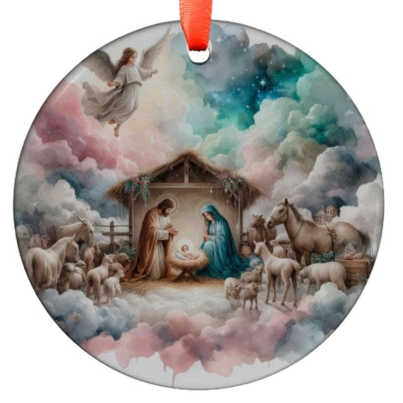 Handpainted Nativity Scene Ornament Perfect Holiday Decor Gift Manger Scene with Animals Christmas Keepsake Angel Above, Holiday Keepsake, Xmas Tree Hanging Decoration, Seasonal Gi