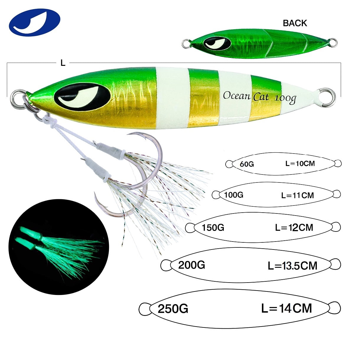 OCEAN CAT Slow Fall Pitch Fishing Lures Sinking Lead Metal Flat Jigs Jigging Baits with Hook for Saltwater Fishing
