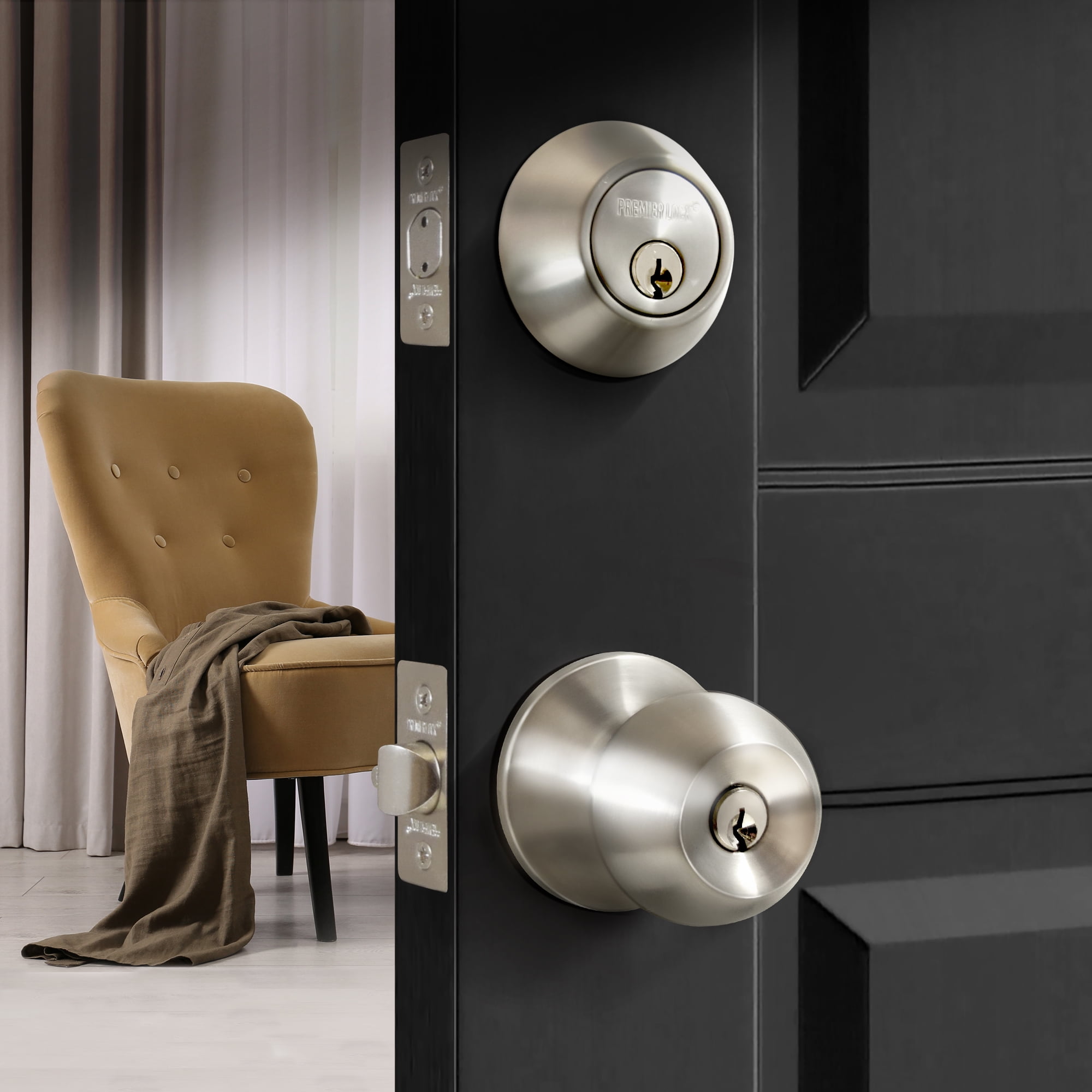 Premier Lock® Stainless Steel Entry Lock Set Door Knob & Deadbolt Keyed Alike KW1 Keyway. 6 Total Keys, Keyed Alike