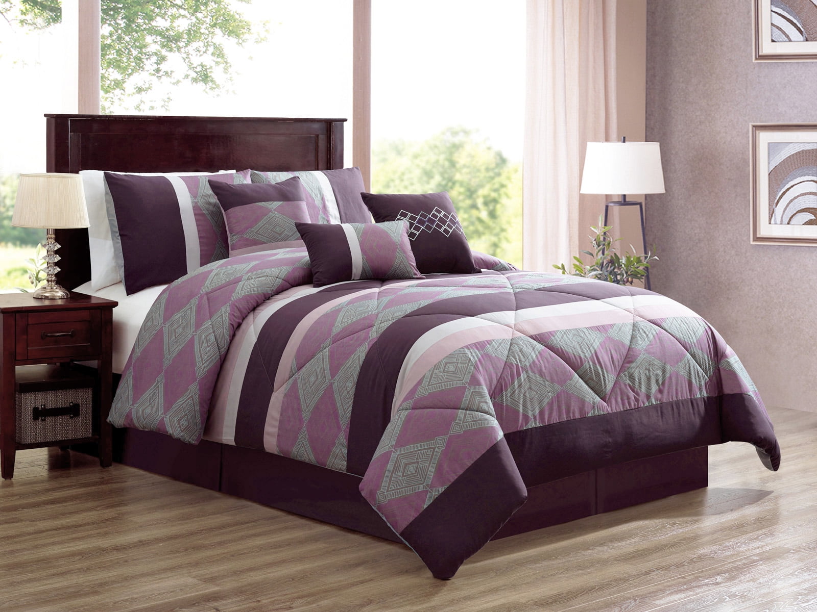 7 Pc Luca Printed Striated Diamond Stripe Comforter Set Purple