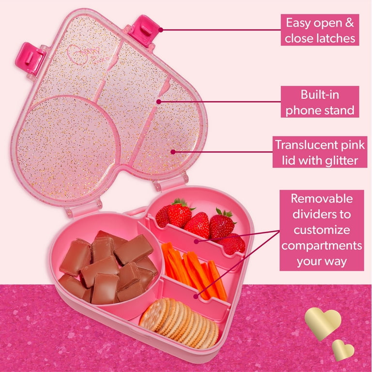 Paris Hilton Bento-Style Heart-Shaped Snack Box, Built-In Phone Stand, Removable Wrist Strap, Pink