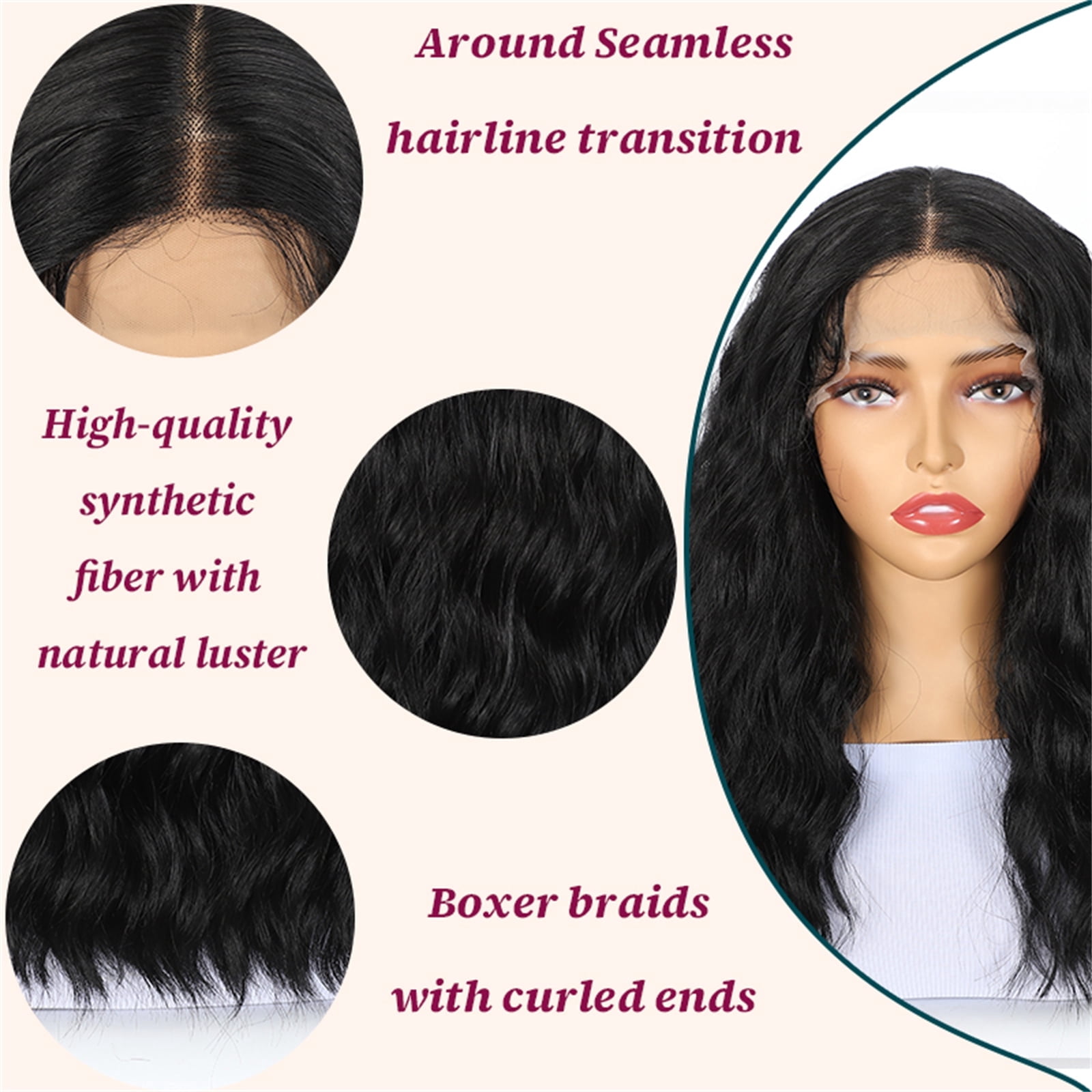 More Beautiful 14" Long Wavy Black Lace Front Wig, Pre-Cut Hairline, Heat Resistant Synthetic