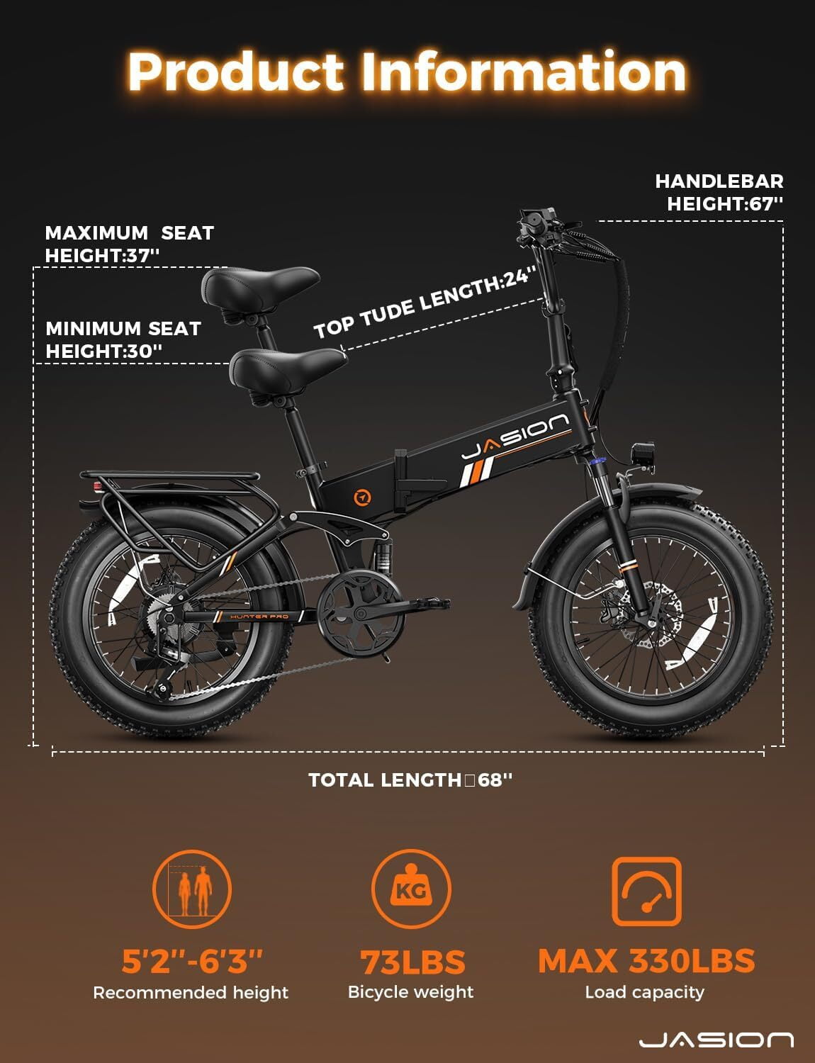 Jasion Hunter Pro Electric Bike for Adults, 1000W Folding Ebike with 48V 15AH Removable Battery, 20" x 4.0 Fat Tire Foldable Electric Bicycle, 80 Miles Range, App Control, UL 2849